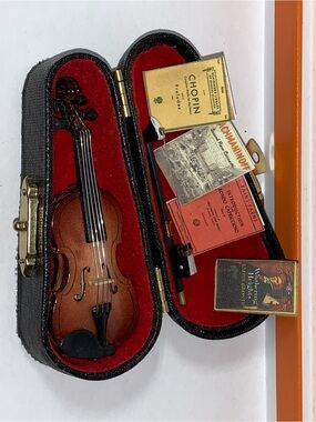 Miniature Violin with Case Doll House Trinket with Classical Music Song Books
